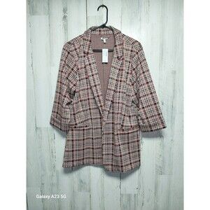 Maurices Women's Buttonless Blazer Jacket XXL NWT Plaid 3/4 Sleeves Beige Red